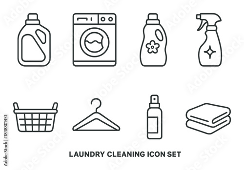 Laundry cleaning icon set featuring detergent, washing machine, basket, and hanger