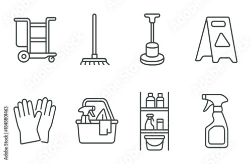 Cleaning equipment icons: mop, cart, buffer, wet floor sign, gloves, basket, shelves, spray bottle