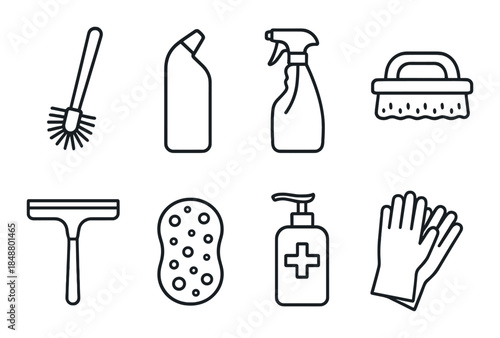 Cleaning equipment icons: brush, bottle, spray, scrub, squeegee, sponge, soap, gloves