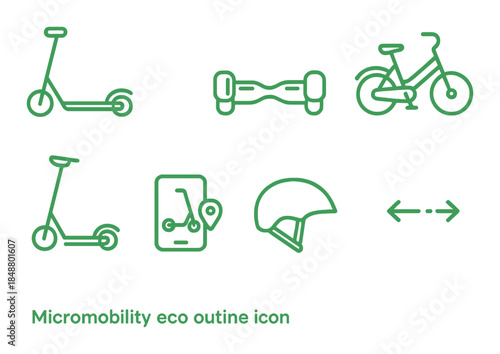 Green micromobility icons: scooter, hoverboard, bicycle, helmet, navigation