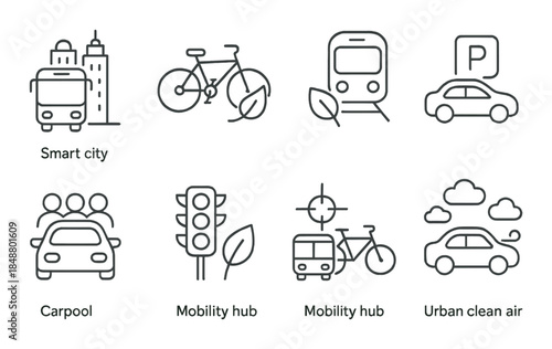 Sustainable urban transportation icons depicting mobility and eco-friendly solutions