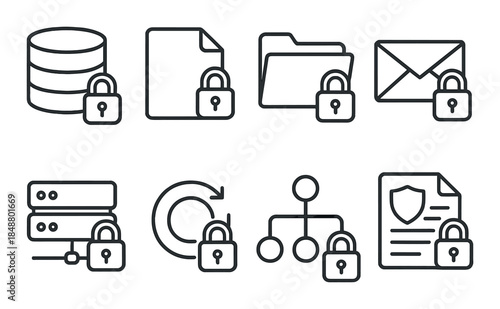 Data security icons: file, folder, email, network, backup, encrypted access