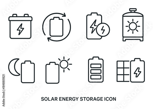 Solar energy storage icons: battery, charging, renewable symbols