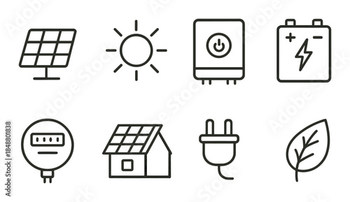 Solar power icons: panels, batteries, and eco-friendly symbols