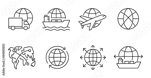 Global shipping and logistics icons with globe, truck, ship, and airplane symbols