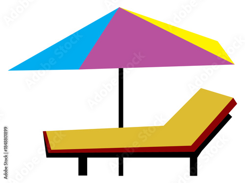 Colorful beach umbrella and sun lounger illustration for summer vacation, seaside relaxation, tourism concept and leisure design