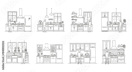 Collection of line art kitchen interior designs, showcasing appliances and cabinetry