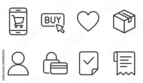 Minimalist ecommerce icons: cart, buy, heart, box, profile, payment, checklist, receipt