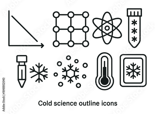 Cold science outline icons: laboratory, atom, snowflakes, thermometer, grid