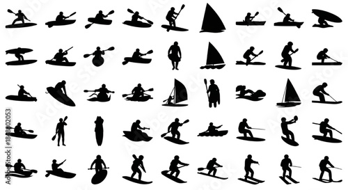 Collection of Silhouette Icons Representing Various Watersports and Activities
