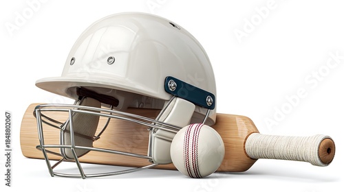 Cricket gear consisting of cricket helmet with ball and bat isolated on the white background 