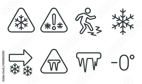 Winter safety icons: snowflake, caution signs, ice warnings, hazard symbols