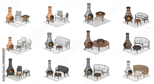 Diverse Isometric Illustrations of Outdoor Fire Pits, Chimeneas, and Patio Furniture for Backyard Settings