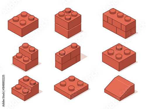 Various red interlocking toy building blocks on gradient background