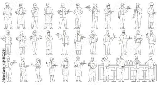 Set of Chef and Waiter Characters in Various Poses for Culinary and Hospitality Design