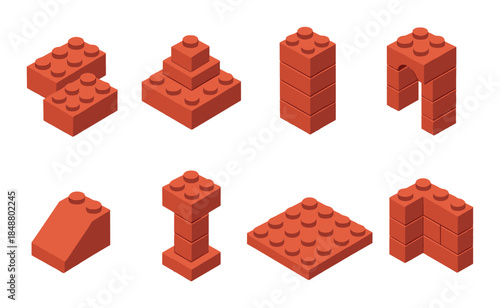 Set of red building blocks on wooden surface: diverse brick shapes and arrangements