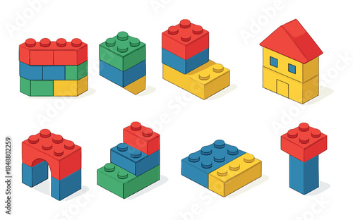 Colorful 3d building blocks in various shapes and structures