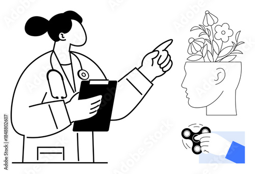 Doctor holding clipboard pointing toward blooming head symbolizing mental growth, adjacent hand spinning fidget toy. Ideal for mental health, therapy, mindfulness, wellness, growth, focus, education