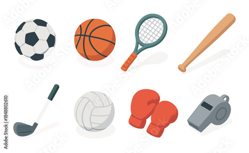 Sports equipment icons: soccer ball, basketball, tennis, baseball, golf, volleyball, boxing, whistle