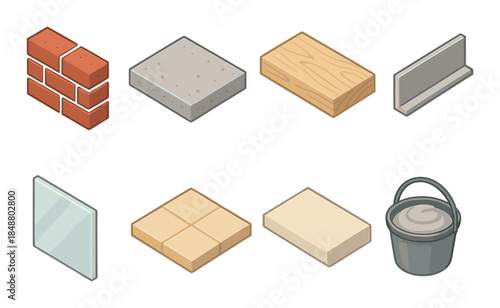 Illustration of various building materials including brick concrete and wood blocks