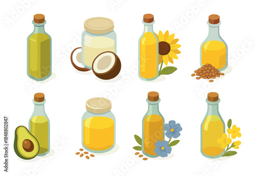 Various bottles of oil with seeds, flowers, coconut, and avocado