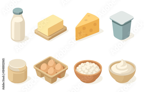 Colorful dairy products illustration featuring milk, butter, cheese, yogurt, eggs, cottage cheese
