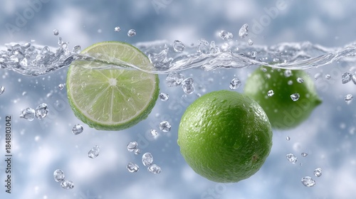 Vivid green limes splashing energetically in crystal clear refreshing beverage environment