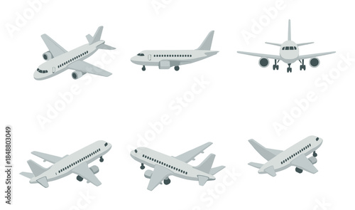 Six white airplanes on metallic background in various angles