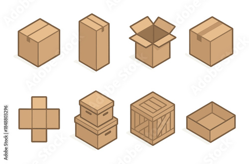 Various cardboard box designs with icons and layouts on brown background