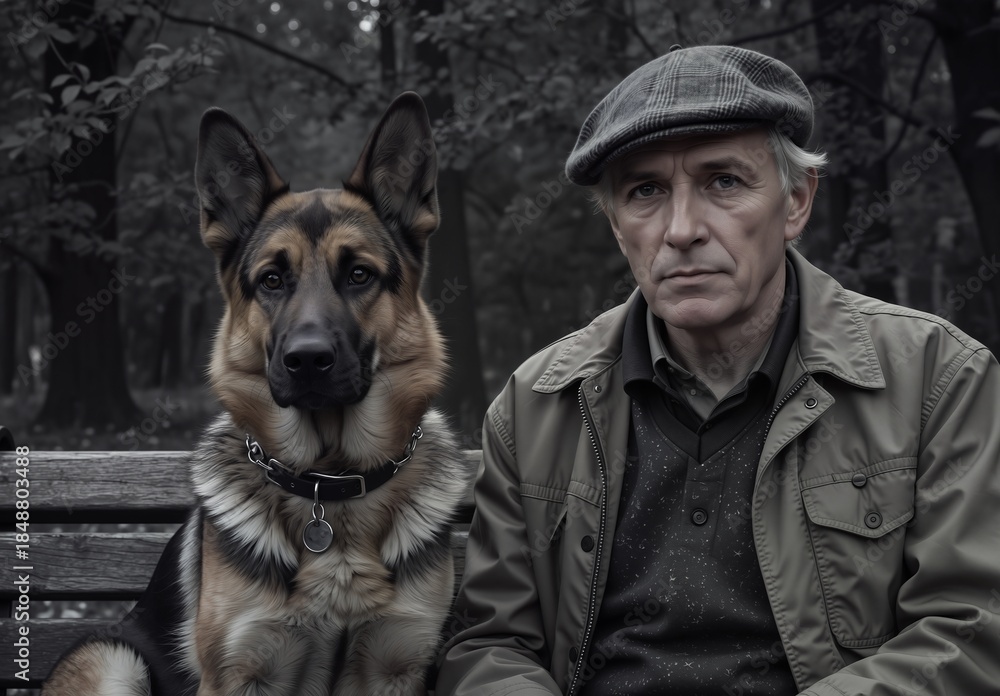 Fototapeta premium senior man with german shepherd dog on park bench, companionship and loyalty concept