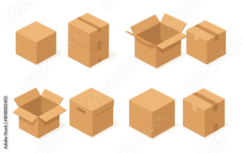 Set of various cardboard boxes on brown background