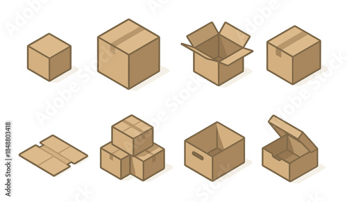 Various cardboard box styles: open, closed, flat, and folded packaging types