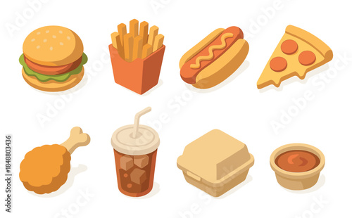 Assorted fast food icons: burger, fries, hotdog, pizza, drumstick, soda, box, sauce