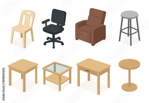 Assorted indoor chairs and tables in warm tones for home decor and furnishing