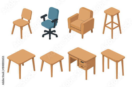 Isometric furniture collection including desk chair and tables on gradient background