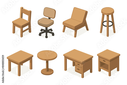 Isometric wooden furniture set featuring chairs, tables, and stool