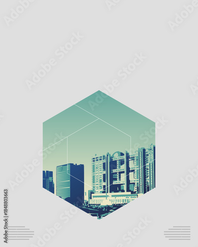 Vertical hexagon city layout background with geometric frame