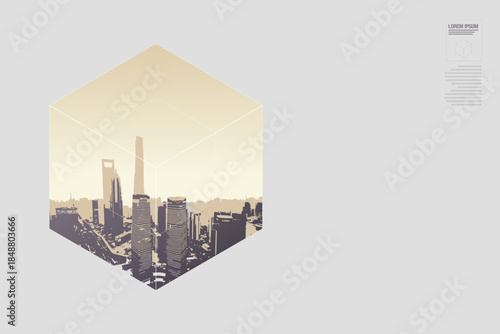 Modern hexagon cityscape layout template with isometric lines