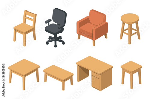 Collection of various chairs and tables with warm lighting