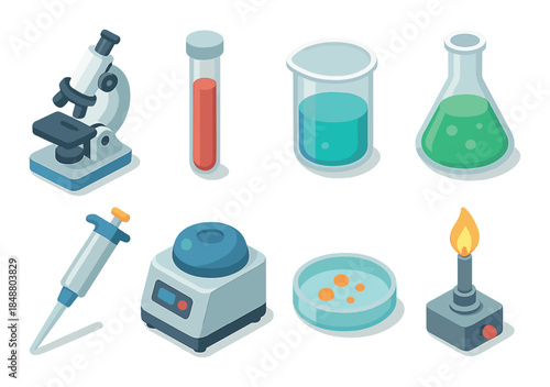 Illustration of laboratory equipment: microscope, test tubes, beaker, bunsen burner, petri dish