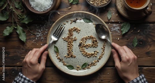iron rich foods concept with seeds spelling 'fe' on a plate with cutlery and herbs on a rustic wooden table.