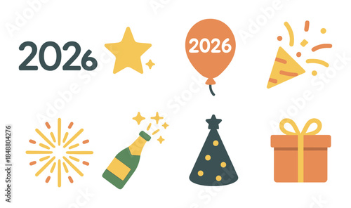 2026 new year celebration icons: star, balloon, party hat, gift, fireworks, champagne
