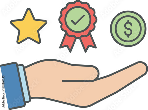 A human hand gently presenting symbols of premium quality achievement reviews and financial value