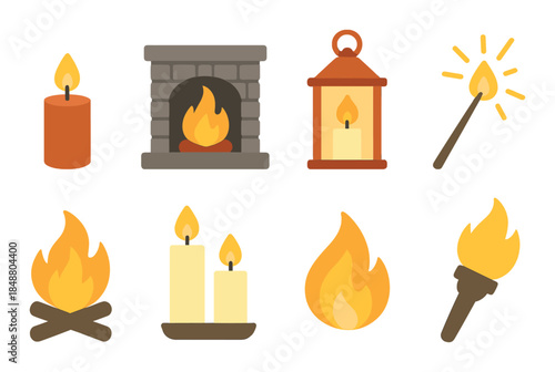 Set of diverse illuminated candle and flame icons on warm background