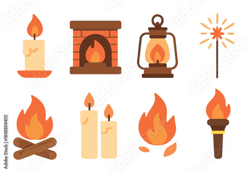 Collection of various burning objects including candle and campfire illustration