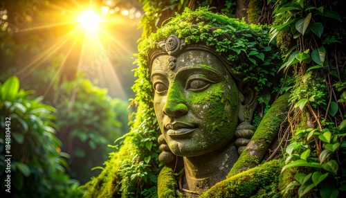 A weathered stone statue of a face covered in green moss and vines sits in a lush jungle with bright sunlight beaming through the trees