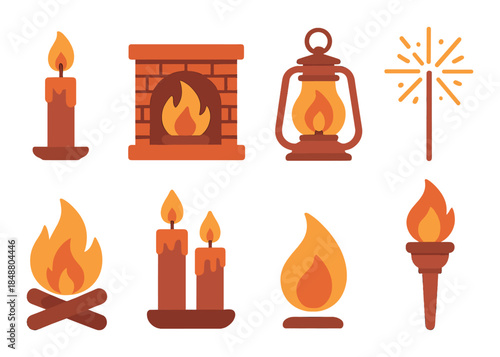 Warm glow icons: candles, fireplace, lantern, torch, and sparkler in soft tones