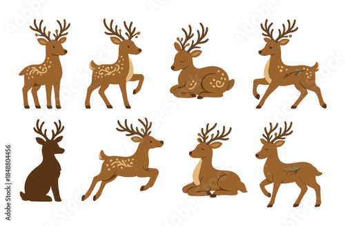 Cartoon christmas reindeer set on golden background with festive designs