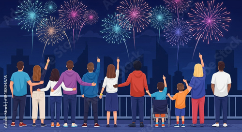 Fireworks Celebration Crowd – Royalty-Free Vector . Festive city night concept. Crowd of people with children celebrating event and watching firework in sky over cityscape. Nighttime Fireworks 