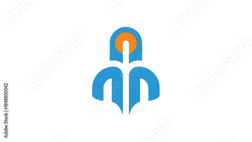 This modern vector logo features a blue abstract figure with an orange circular core, resembling a rocket launch, a stylized person, or an architectural structure. Its clean, geometric line.